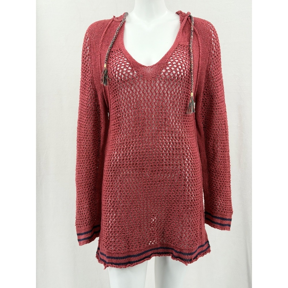 Free People Sweater Womens Small Red Shadow Stripe Hoodie Open Knit Beach Summer